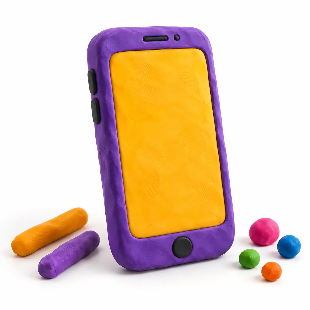 A smartphone modelled by hand out of violet and amber plasticine, with loose clay snakes and balls beside it