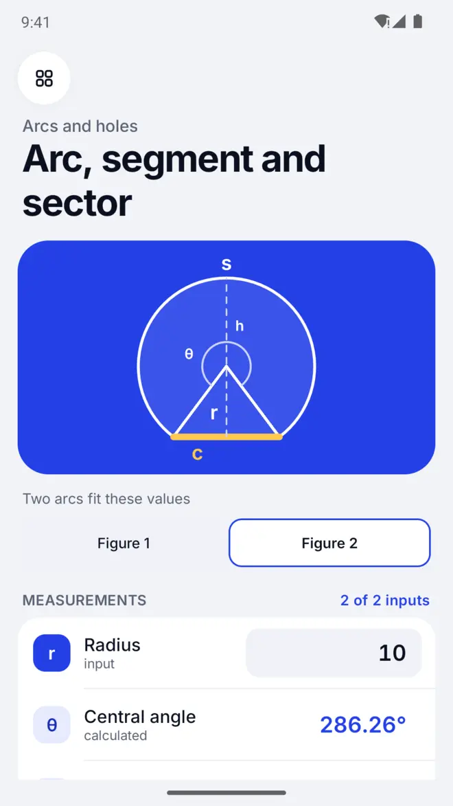 Trigonix showing the major arc that fits a radius of 10 and a chord of 12, with its central angle