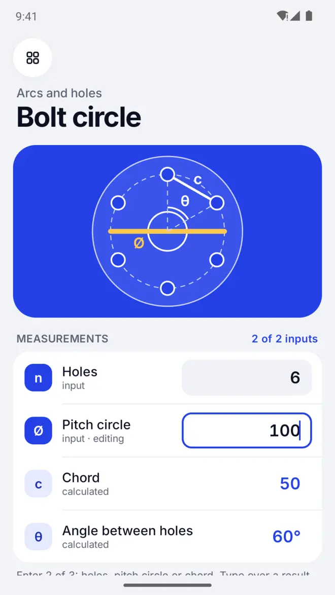Trigonix working out the chord between six holes on a pitch circle of 100