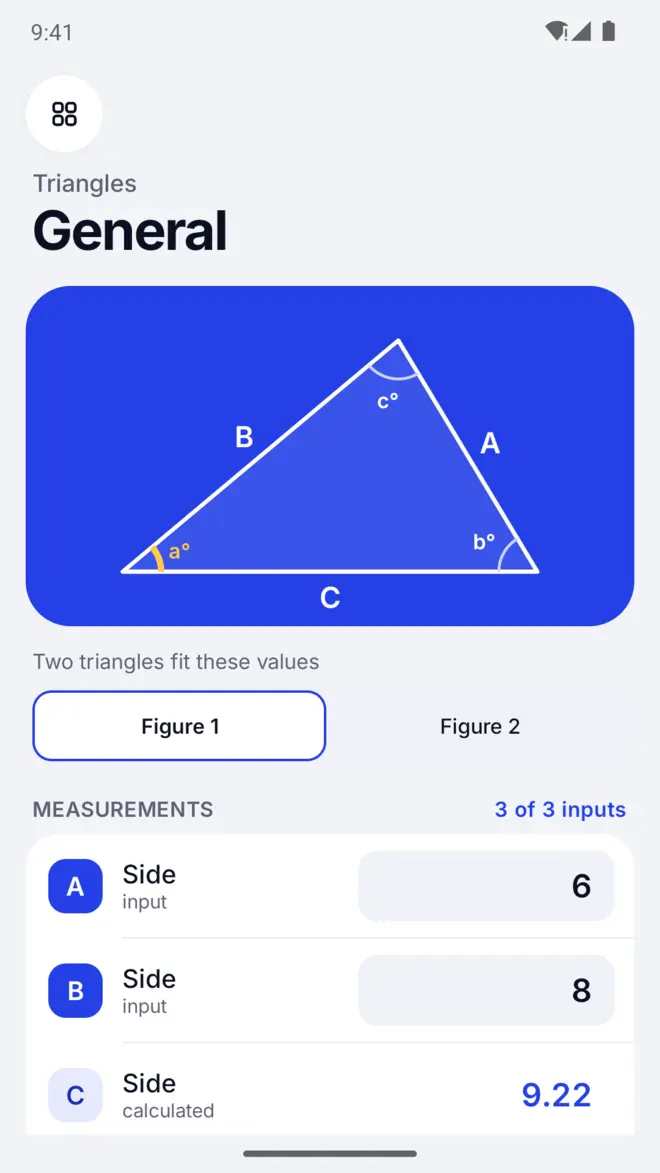 Trigonix solving a general triangle from two sides and an angle, with the choice between the two triangles that fit