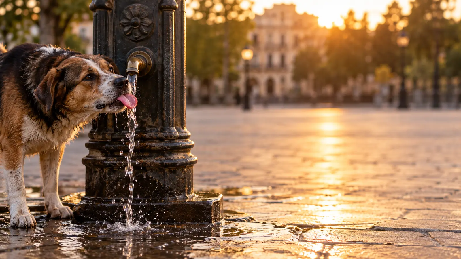 A dog drinking from a cast-iron public drinking fountain in a city square at sunset