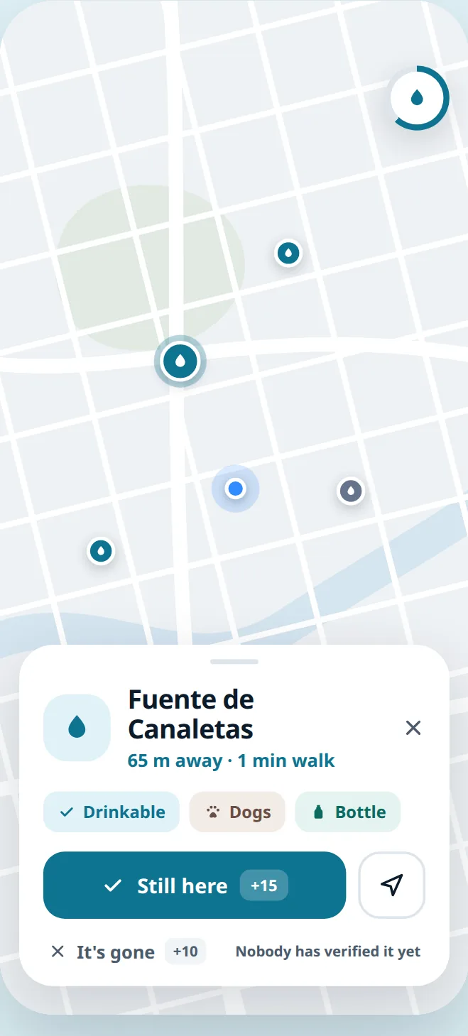 A fountain's detail card in Wayter, with drinkable, dogs and bottle labels