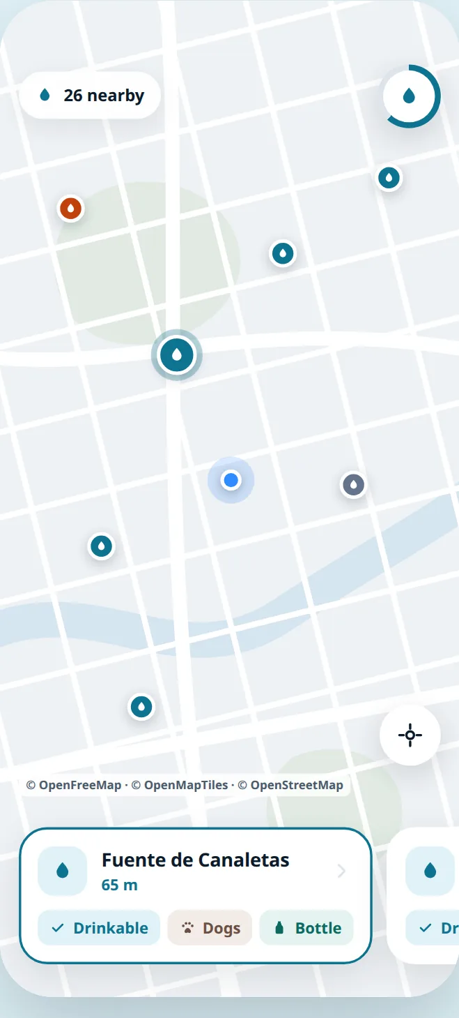 Wayter's map screen with nearby drinking fountains marked